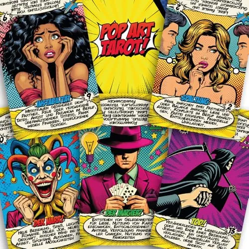 Pop Art Tarot – Tarotkarten Deutsch mit Bedeutungen und Buch, 78 Karten | Tarotkarten für Anfänger im Comicstil: 400-g/m²-Karton und Magnetbox zum Aufbewahren und Verschenken.
