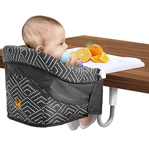 MTWML Tischsitz Baby mit Abnehmbarem Tablett, Tragbarer Hochstuhl zum Anklippen für Babys Kleinkinder, Faltbarer Reisehochstuhl mit 5-Punkt-Gurt, Tragetasche für Esstisch Unterwegs(Streifen-Schwarz)