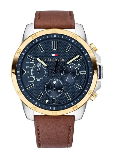 Tommy Hilfiger Herren Multifunktionale Quarz-Uhr 48 mm - Armbanduhren für Herren mit halbglänzendem blauem Zifferblatt und hellbraunem Lederarmband. Wasserdicht bis 5 ATM und mit drei Unterzifferblättern für optimale Funktionalität.