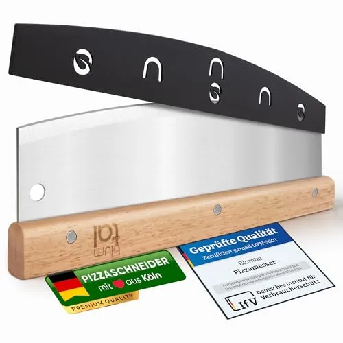 Blumtal Pizzaschneider Edelstahl - Profi Pizzamesser Mit 32cm Klinge - Rostfreier Pizza Cutter - Scharfes Wiegemesser + Holzgriff