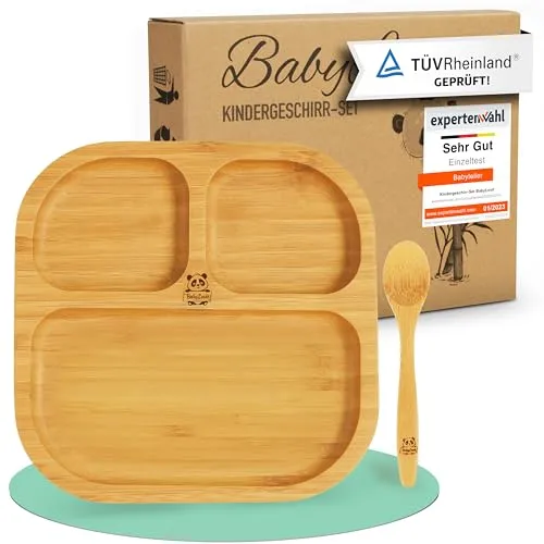 Babylovit Bambus Kinderteller | TÜV Geprüfter Baby Teller mit Saugnapf & Esslernbesteck | BLW Beikost Zubehör | Esslernlöffel Baby Melamin & BPA frei | Kinder Teller mit Saugnapf | Kinderbetseck