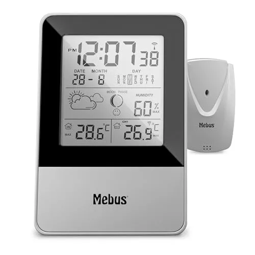 MEBUS Funkgesteuerte Wetterstation mit Außensensor, Thermometer, Hygrometer (außen), Funkuhr, Wohlfühlindikator Raumklima, Wettervorhersage mit Symbolen, Mondkalender, Farbe: Silber, Modell: 40652