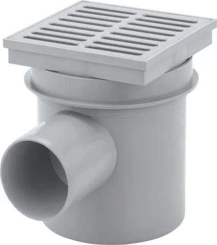 ACO Haus- und Hofablauf 150 x 150 mm, grau, DN75 - Gartenentwässerung mit waagerechtem Ablauf, ideal für effektive Regenwasserableitung und langlebige Nutzung.