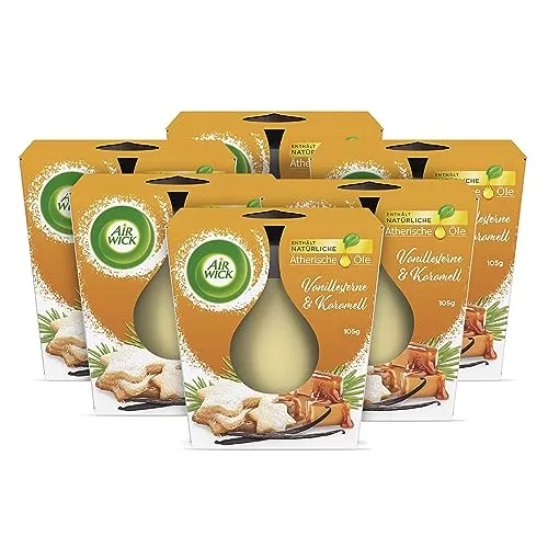 Air Wick Wohlfühl-Duftkerze im Glas – Duft: Vanillesterne und Karamell – Je bis zu 20 Stunden Brenndauer – Enthält natürliche ätherische Öle – 6 x 105 g Duftkerzenset