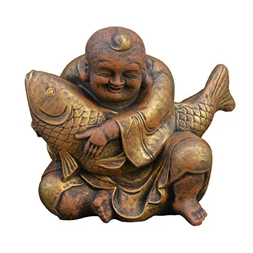 Gartenfigur Buddha Statue mit Koi Karpfen, 33 cm in gold von gartendekoparadies