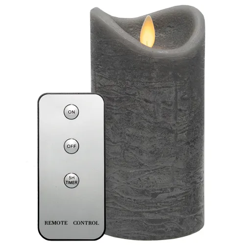 LED Kerze mit Timer u. Fernbedienung Ø8x15 cm Echtwachskerze Silber-Grau Rustik