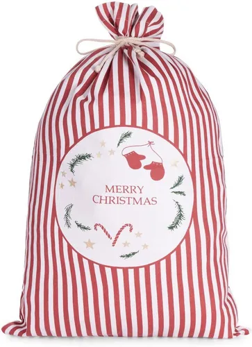 BRUBAKER Aufbewahrungstasche Weihnachtssack Merry Christmas Rot Weiß - 80 cm Geschenksack (2-tlg., Tanne, Sterne, Zuckerstange und Handschuhe), Nikolaussack Sack Baumwolle mit Kordel für Geschenke