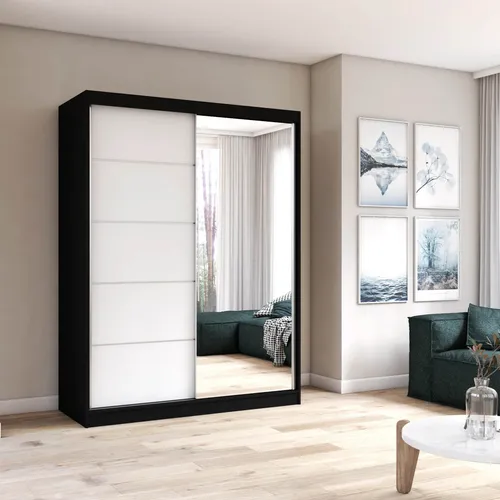 Schwebetürenschrank Kleiderschrank 150 cm Schwarz/Weiß mit Spiegel - Vista 05 - Moderne Schwebetürenschränke mit Spiegelfront und geräumigen Einlegeböden, perfekt für stilvolle Aufbewahrung und platzsparende Nutzung.