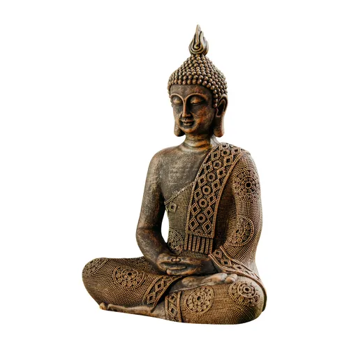 Thailändische Buddha Statue aus Steinguss, 49 cm - Frostsichere Gartenfigur aus Steinguss, detailreich und handgefertigt, ideal für meditative Gartenbereiche und zur Förderung von innerer Ruhe.