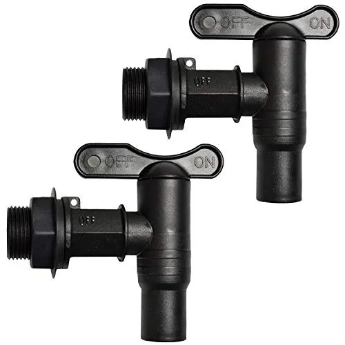 2er Set Wasserhahn für Regentonne Regenfass, der Kunststoff-Auslaufhahn in schwarz, langes Gewinde mit Mutter und Dichtung, für jeden Regenspeicher, Wasserbehälter. Auslaufventil Kugelhahn