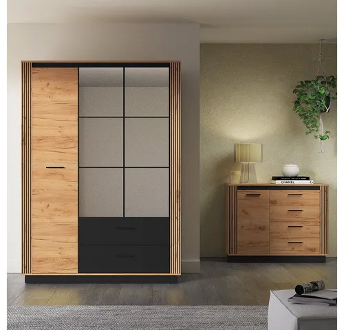 Lomadox Schlafzimmer-Set URBANIA-131, 2-tlg. Kleiderschrank & Kommode in Eiche Schwarz - Modernes Schlafzimmermöbel-Set URBANIA-131 in Eiche Schwarz. Stilvolle Kombination mit praktischen Details für ein gemütliches Ambiente. Perfekt für individuelle Gestaltung in deinem Schlafzimmer.