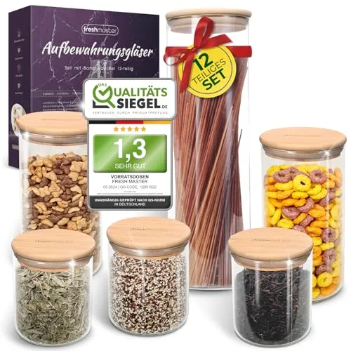 freshmaster Premium Vorratsdosen Glas mit Bambusdeckel - Glasbehälter & Töpfe, 100% luftdicht mit LongLife+ Silikon Dichtung für maximale Frische und Aromen. Spülmaschinenfest und stapelbar – ideal für eine platzsparende Küchenorganisation.