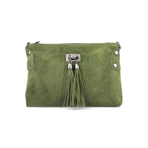 Made in Italy Damen Clutch Tasche aus Wildleder mit Fransen - Elegante Schultertasche aus 100% italienischem Wildleder, mit abnehmbarem Gurt und glamourösen Fransen. Perfekt für jede Gelegenheit und in trendigem Design.