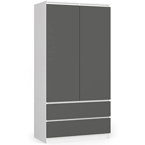 AKORD Zweitüriger Kleiderschrank S 90 cm - Kleiderschrank im minimalistischen Stil mit 2 Schubladen, Regalen und einer Kleiderstange. Hergestellt aus robuster, kratzfester laminierter Platte für optimale Raumnutzung und Langlebigkeit.