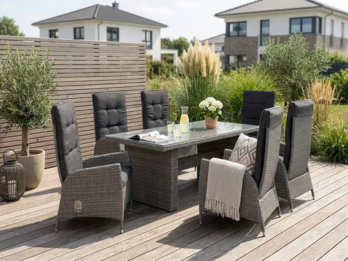 KONIFERA Garten-Essgruppe Brisbane, 13-tlg. Set mit 6 verstellbaren Sesseln - Essgruppen mit wetterbeständigen Auflagen und eleganter Steinoptik Tischplatte, ideal für stilvolle Outdoor-Entspannung.