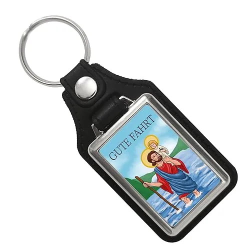 speecheese Gute Fahrt Schlüsselanhänger mit Kunstleder-Anhänger mit dem Heiligen Christophorus als Glücksbringer für den Schüsselbund oder Autoschlüssel damit man keinen Unfall baut und auf