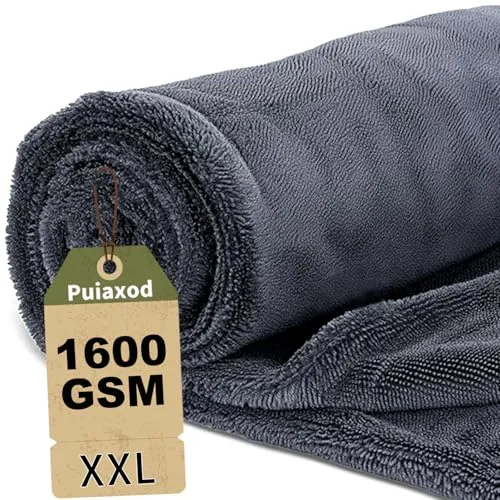 puiaxod 90x60cm Auto Trockentuch XXL, 1600gsm Mikrofasertücher Auto, Microfasertuch Autopflege, Mikrofaser Handtuch Trockentücher für Autopflege und Motorrad, Fusselfreies, Kratzerfrei (Grau)