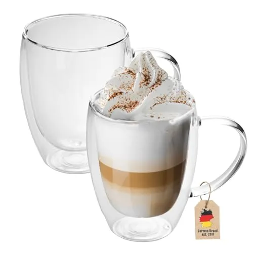 INTIRILIFE 2X Doppelwandige Thermo Gläser Set -250-300ml- Mundgeblasen isoliert für Espresso Cappuccino, Teegläser Kaffeegläser Latte Macchiato Tassen, Schwebeeffekt mit Henkel