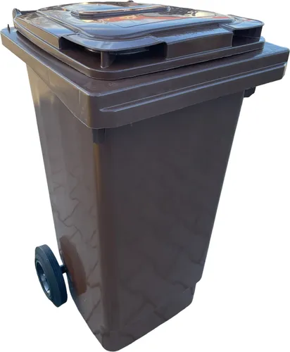 Mülltonne 120 Liter mit laufruhigen Vollgummi-Rädern, braun - Mülltonnen - Robuste 120 Liter Abfalltonne mit UV-beständigem HDPE-Material und geräuscharmen Vollgummi-Rädern für leichten Transport und hygienische Nutzung.