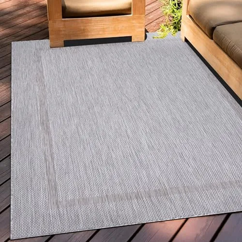 Teppium Outdoor Teppich Wetterfest 140 x 200 cm Silberfarbe Sisal Optik - Küchenteppich Waschbar rutschfest, Wasserfest, Bordüre, Pflegeleicht - Ideal für Balkon, Terassen, Garten, Camping oder Küche