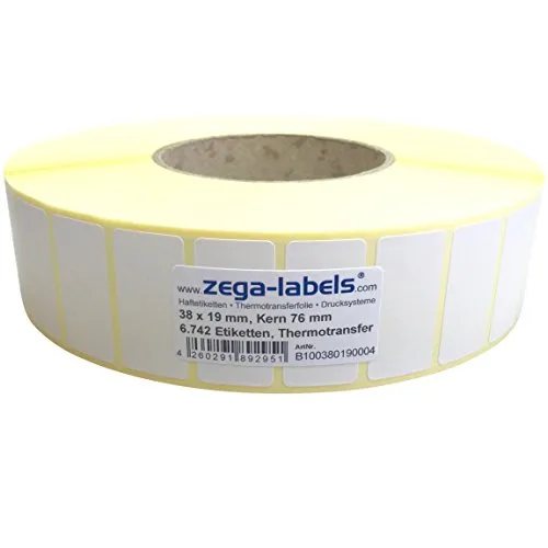 Thermotransfer Etiketten auf Rolle - 38 x 19 mm - 6.742 Stück je Rolle - Kern: 76 mm - aussen gewickelt - permanent haftend - Druckverfahren: Thermotransfer (Drucken mit Farbband)