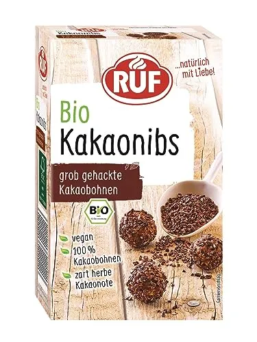 RUF Bio Kakao Nibs, 100% grob gehackte Kakao-Bohnen, mit zart herber Kakao-Note, vegan & in Bio-Qualität, als Topping für Bowls & Desserts, 1 x 150g
