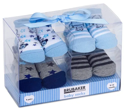 BRUBAKER Socken Babysocken für Jungen und Mädchen 0-12 Monate (4-Paar, Baumwollsocken mit Raketen und Sternen) Baby Geschenkset für Neugeborene in Geschenkverpackung mit Schleife