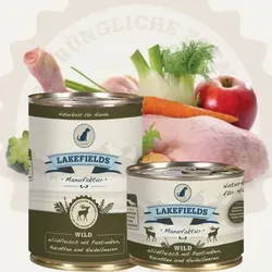 Lakefields Dosenfleisch-Menü Wild für Hunde - Getreidefreies Alleinfutter mit 58% frischem Wildfleisch, reich an Nährstoffen für ein starkes Immunsystem und glänzendes Fell – ideal für die artgerechte Ernährung deines Hundes.