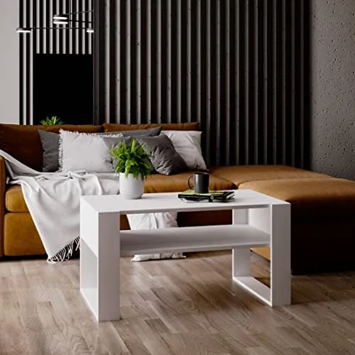 MRBLS_HOME MRBLS Couchtisch – modernes rustikales Design – Wohnzimmer-Tisch Beistelltisch Kaffeetisch Sofatisch Teetisch aus Holz (Weiß Matt - Weiß Matt) - 92 x 45 x 53,6 cm (B/H/T)