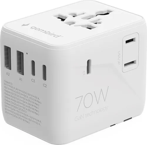 Gembird TPA-2A3C70-01-W Universal-Reisenetzteil 70 W - Weiß - Komfortables Universal-Reisenetzteil mit 70 W Leistung, ideal für unterwegs. Kompakt und vielseitig einsetzbar für verschiedene Geräte.