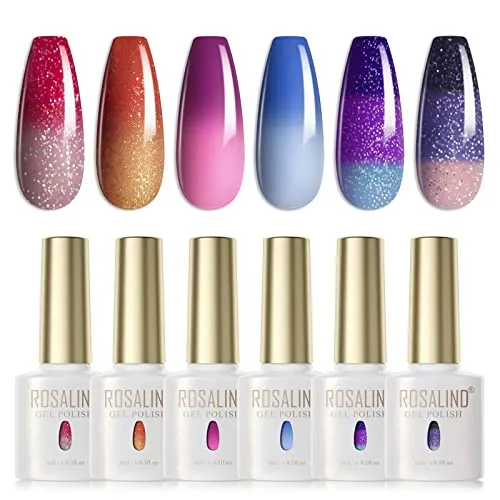 ROSALIND UV Nagellack Thermo 6 Farben UV Gellack Farbwechsel Gel Nagellack Thermo Gellack Kit Mehrfarbig Ablösbarer Nagelgel Farbgel Gel Nagel Chameleon Nail Polish Set