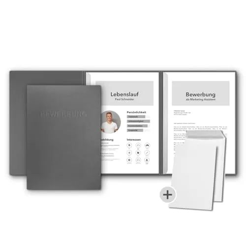 Stück 3-teilige Bewerbungsmappen favorit Steingrau mit 2 Klemmschienen - inkl. 5 Versandtaschen - sehr stabiler 350 g/m² Naturkarton mit Relief-Prägung BEWERBUNG - STRATAG Mappenmanufaktur 5