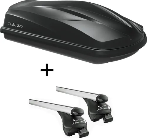 Dachbox/Gepäckbox CUBE370 + Relingträger Quick L für Opel Crossland X - Praktisches Set: Dachbox CUBE370 mit 370 Litern Volumen und Relingträger Quick L für Opel Crossland X ab 2017. Sicherer Transport dank Zentralverriegelung und maximaler Zuladung von 75 kg. Ideal für Reisen und viel Gepäck.