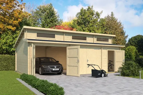 Garage Stufendach 44 mm Hawaii mit Holztor 820x520 cm