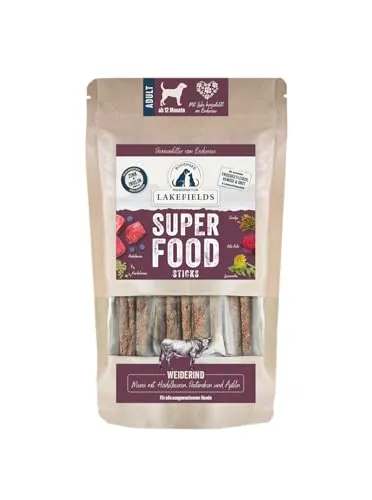 Lakefields SUPERFOOD Sticks | Premium Hundeleckerli vom Weiderind | 61% Fleisch | 130g | Getreidefreie & nährstoffreiche Hunde Snacks | Heidelbeeren, Karotten & Rote Beete | Entwickelt mit Tierärzten