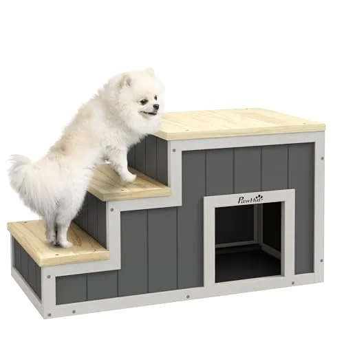 PawHut Haustiertreppe aus Kiefernholz und MDF - Sonstiger Hundebedarf: Komfortable Haustiertreppe mit drei Stufen, ideal für kleine Haustiere, kombiniert Funktionalität mit einem gemütlichen Hundehaus.