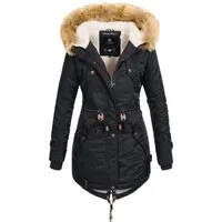 Navahoo Damen Wintermantel La Viva Schwarz Gr. L - Warmer Parka mit Kapuze - Funktionsjacken: Stylischer, taillierter Damen Winterparka mit abnehmbarer Kunstfellkapuze und kuscheligem Teddy-Futter – ideal für kalte Herbst- und Wintertage.