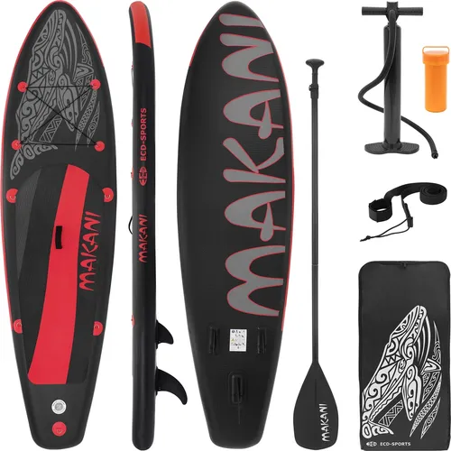 ECD Germany Aufblasbares Stand Up Paddle Board Makani 320x80x15 cm Schwarz-Rot - Aufblasbares SUP Board für Abenteuer und Entspannung, aus robustem PVC, bis 120 kg tragbar, inklusive Pumpe und Tragetasche für einfaches Transportieren und Lagern.