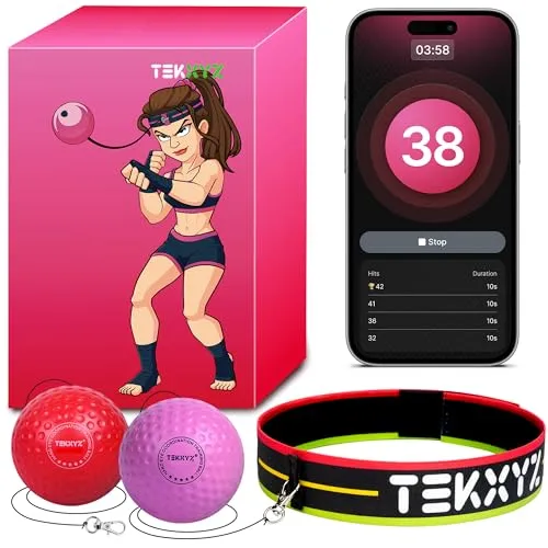 TEKXYZ Reflexball mit Zähler-App und Online-Community, 2 Stufen, Boxball mit Stirnband für Reaktion, Agilität, Schlagtempo und Hand-Auge-Koordination
