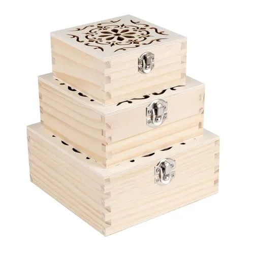 Ideen mit Herz Dekorative Boxen aus Holz | Vintage | Holz-Kiste mit Ornament | Schatulle | DIY | Deko | Erinnerungsbox | Aufbewahrungs- und Ordnungsschachtel | quadratisch | 3 Größen | 3 Stück