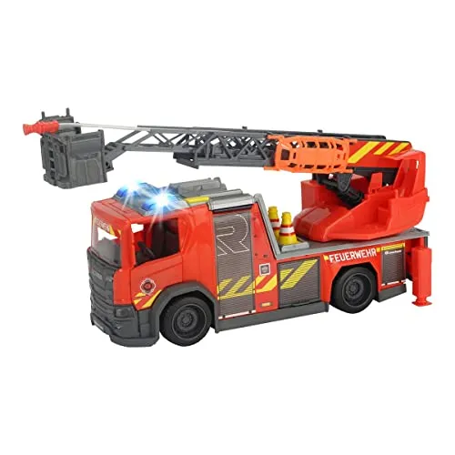 Dickie Toys Scania Drehleiter Feuerwehr, Wasserspritzfunktion, Rosenbauer, Licht & Sound, inkl. Batterien, mit ausziehbarer Drehleiter & Standbeine, 25 cm, rot
