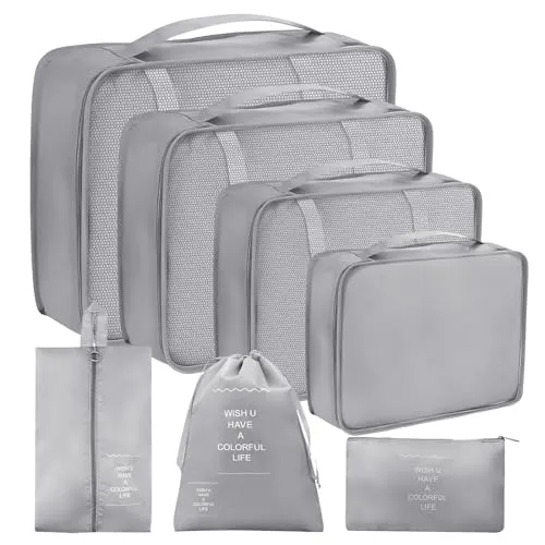 7-teiliges Gepäck-Organizer für Reisen, Organizer, Koffer, Packwürfel, Kleidertaschen für Koffer, Kleidung, Unterwäsche, Schuhe und Kosmetik (Grau)