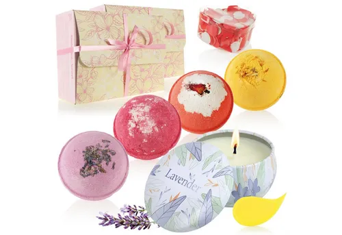 com-four Badekugel Geschenk-Box mit 12 Badebomben und Sojawachskerze - Entspannendes Wellness-Set mit 12 Badebomben, Badekonfetti und einer Sojawachskerze. Ideal für eine beruhigende Auszeit im eigenen Bad – perfekt als Geschenk für besondere Anlässe.