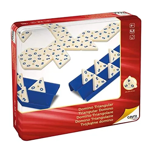 Cayro – Dominosteine ​​– ab 8 Jahren – dreieckiges Modell – Lernbrettspiel für Kinder und Erwachsene – 1 Metallbox, 56 Teile und 4 Stützen – 2 bis 4 Spieler