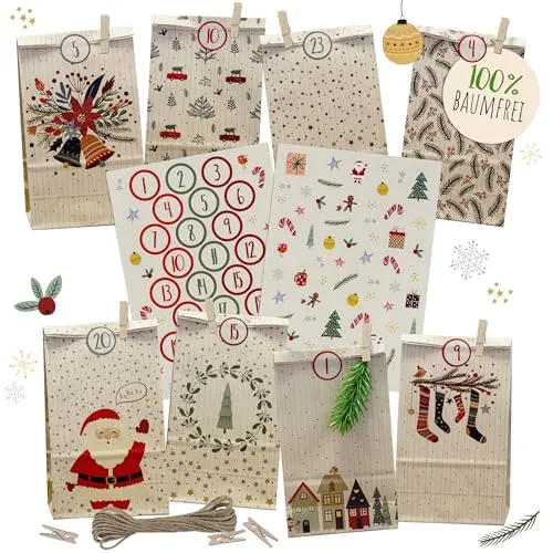 Adventskalender zum Befüllen | 100% Baumfrei, nachhaltiges DIY Bastelset | 24 Geschenktüten zum Befüllen aus Zuckerrohrpapier, 2 Stickerbögen (Zahlen & Motive), 24 Holzklemmen, 5m Juteband
