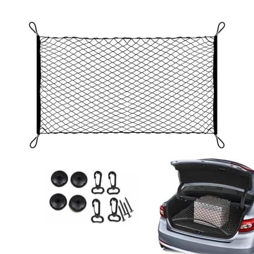 Kofferraum Gepäcknetz,Auto Kofferraumnetz Elastisch 70cm x 120cm,Nylon Fest,Aufbewahrung Netz Car Storage Lagerung Mesh Organizer,mit 4 Massiven Haken,für Universal,Meisten Arten von Fahrzeugen,Hunde