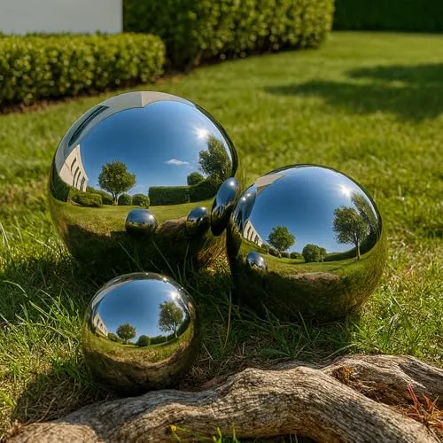Köhko Gartenkugeln Set – 3 polierte Edelstahl-Dekokugeln (10, 20, 30 cm) - Hochwertige Gartenkugeln aus rostfreiem Edelstahl, wetterfest und pflegeleicht. Ideal für Dekoration in Gärten und Teichen.