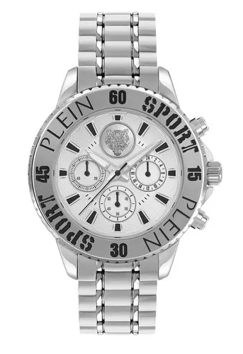 Chronograph Plein Sport Versilbert/Stahl - Glam Chrono Herrenuhr - Elegante Armbanduhr aus der Glam Chrono-Kollektion mit 44 mm Edelstahlgehäuse, Quarz-Chronograph und 5 ATM wasserdicht – ideal für stilbewusste Männer.