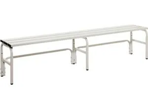 Sypro Umkleidebank aus Edelstahl, 2000 mm, lichtgrau - Gartenmöbel: Hochwertige Umkleidebank aus Edelstahl mit 3 Sitzleisten, abwaschbaren Aluminiumleisten und stabiler Bügelkonstruktion, ideal für Feuchträume.