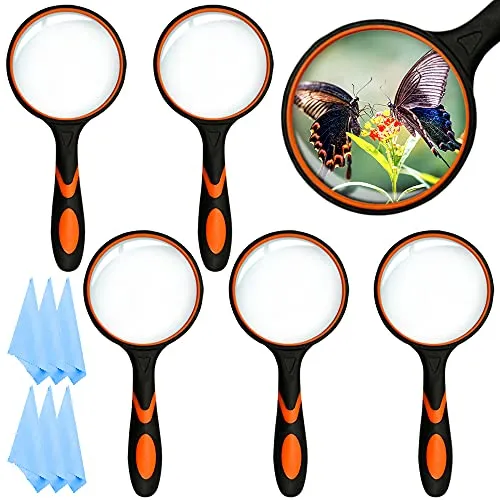 SITAKE 6 Stück Lupe 10X, Große Handleselupe 75mm für Senioren und Kinder in Lesen, Mit Rutschfestem Weichgummigriff und 6 Stück Mikrofaser Reinigungstüchern (Artikel-B)